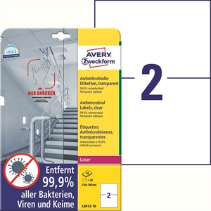 Avery Antimicrobiële labels 210 x 148 transparant mm, 20 stuks.